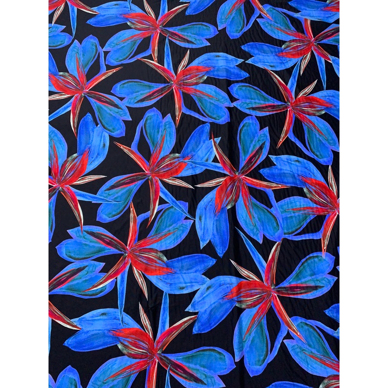 Italian Tropical Floral Printed Lycra Knit – Soothing Blue / Red / Black Fabric by the Yard