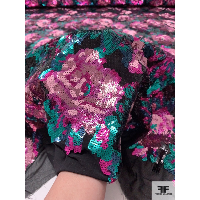 J Mendel Sequins in Floral Pattern on Chiffon – Magenta / Pink / Ocean Green / Black Fabric by the Yard