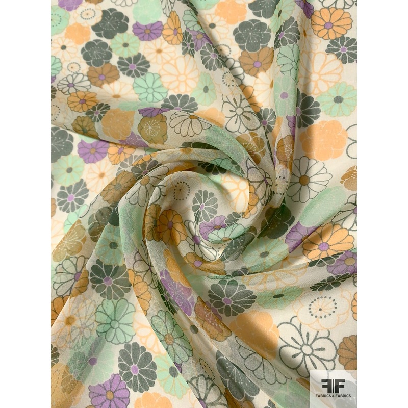 Jovial Floral Printed Silk Chiffon – Purple / Peach / Black / Mocha Fabric by the Yard
