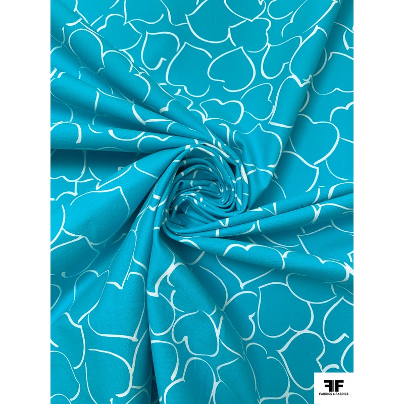 Made in Switzerland Hearts Printed Stretch Cotton Twill – Turquoise / White Fabric by the Yard