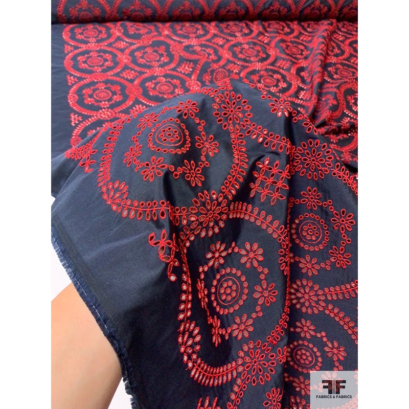 Prabal Gurung Ornate Circle Medallion Embroidered Eyelet Silk Taffeta – Red / Navy Fabric by the Yard