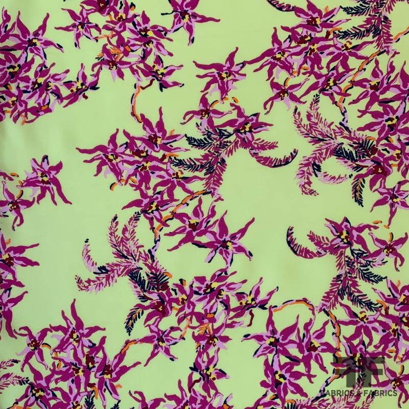 Trailing Orchid Silk Georgette – Yellow-Green / Magenta / Orange Fabric by the Yard