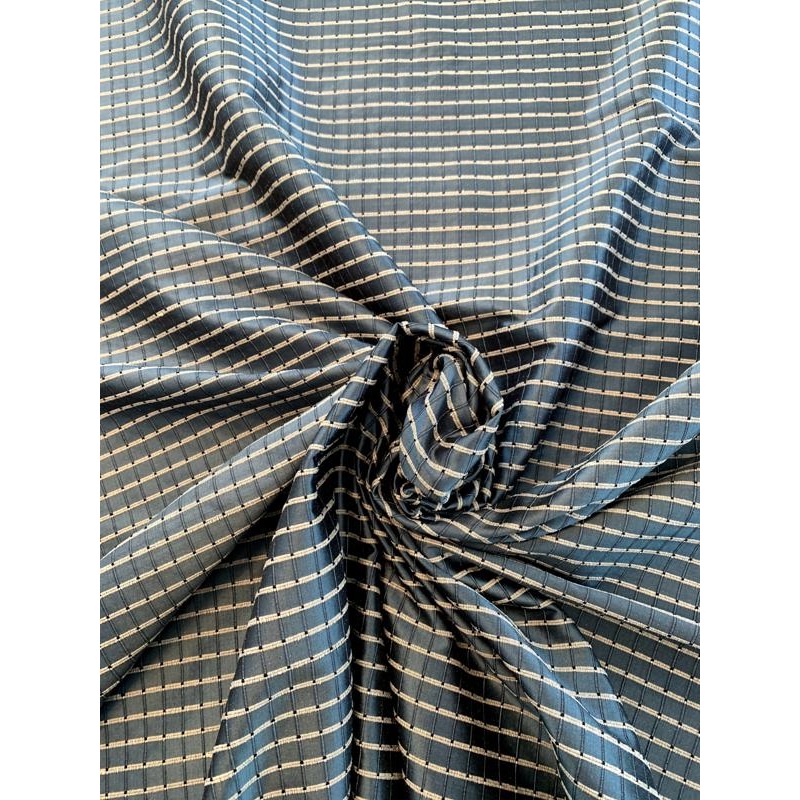 Woven Textured Windowpane Silk Taffeta – Antique Blue / Sand / Black Fabric by the Yard