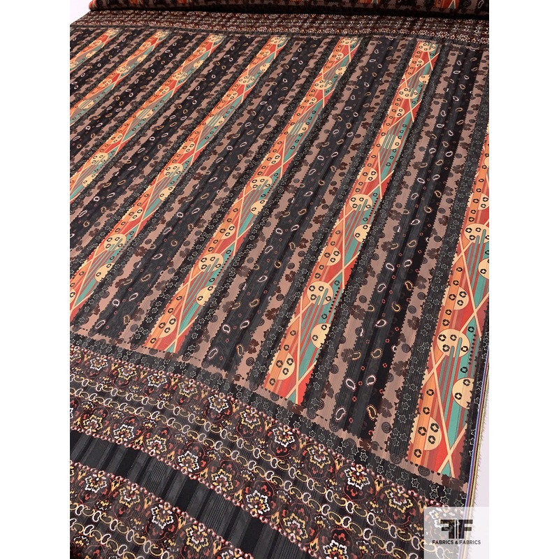 Anna Sui Multi-Pattern Printed Lurex Striped Satin Striped Polyester Chiffon Panel – Browns / Black / Burnt Orange / Turqouise / Yellow Fabric by the Panel