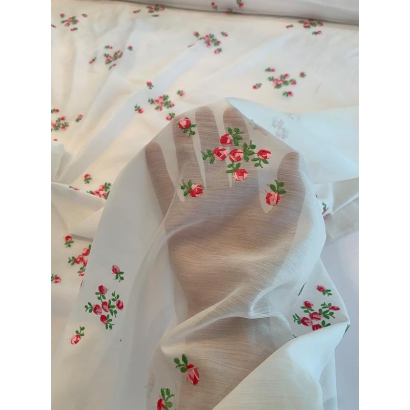 Austrian Delicate Floral Embroidered Silk and Cotton Voile – Ivory / Magenta / Green Fabric by the Yard