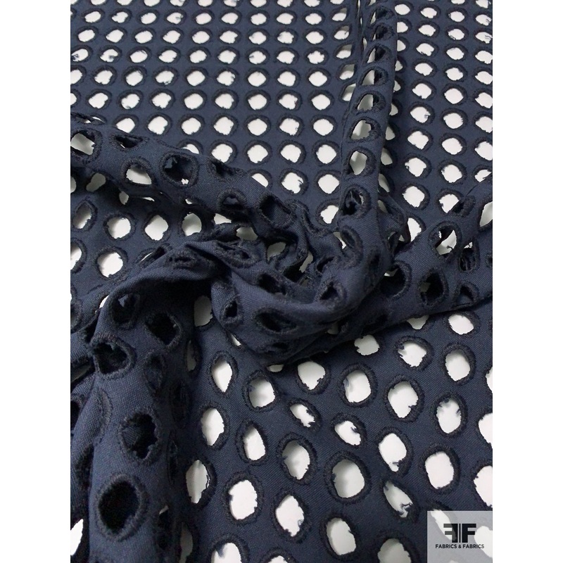 Circles Embroidered and Eyelet Linen – Navy Fabric by the Yard