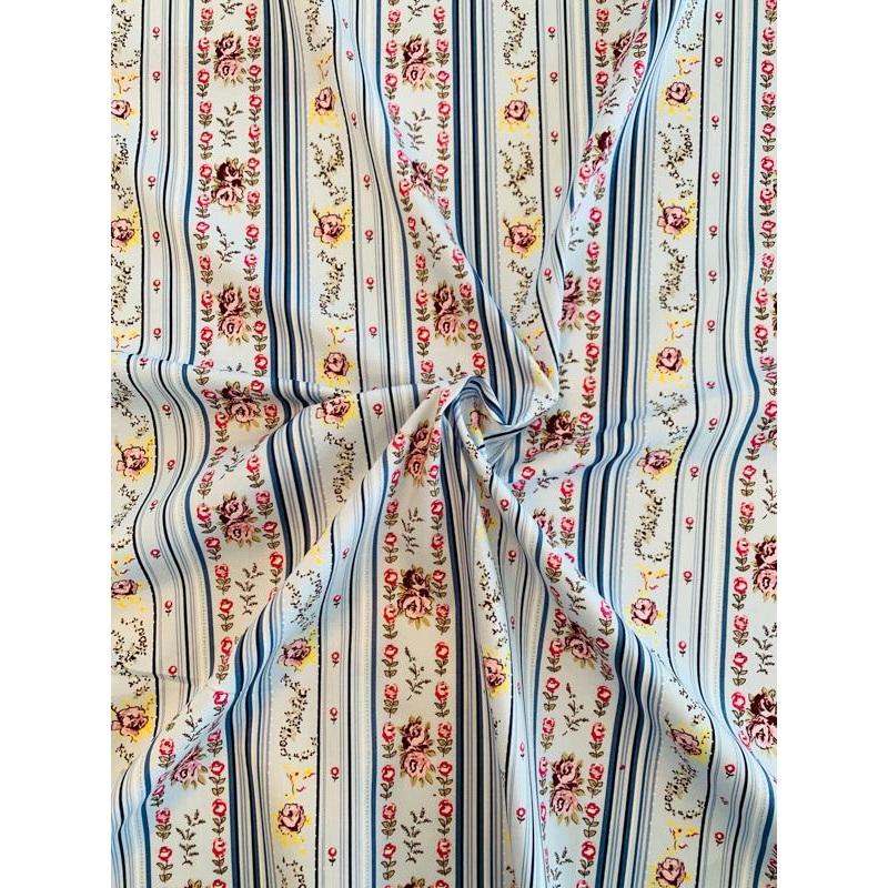 Country Vibe Floral Striped Printed Stretch Cotton Poplin – Sky Blue / Blue / Mauve Fabric by the Yard