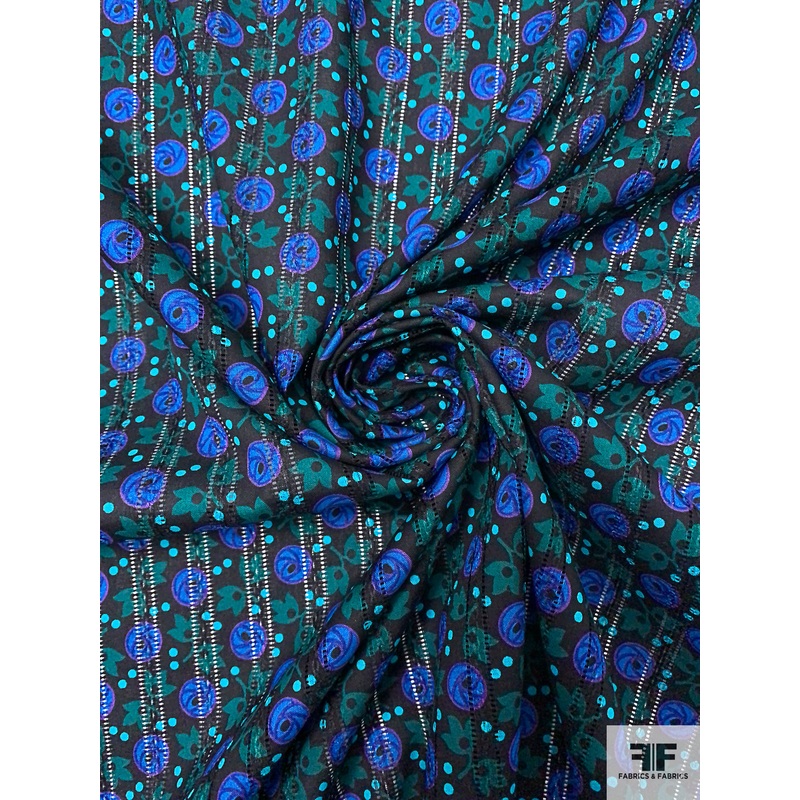 Ditsy Leaf and Buds Printed Pointelle Cotton Lawn – Black / Evergreen / Indigo Blue / Turquoise Fabric by the Yard