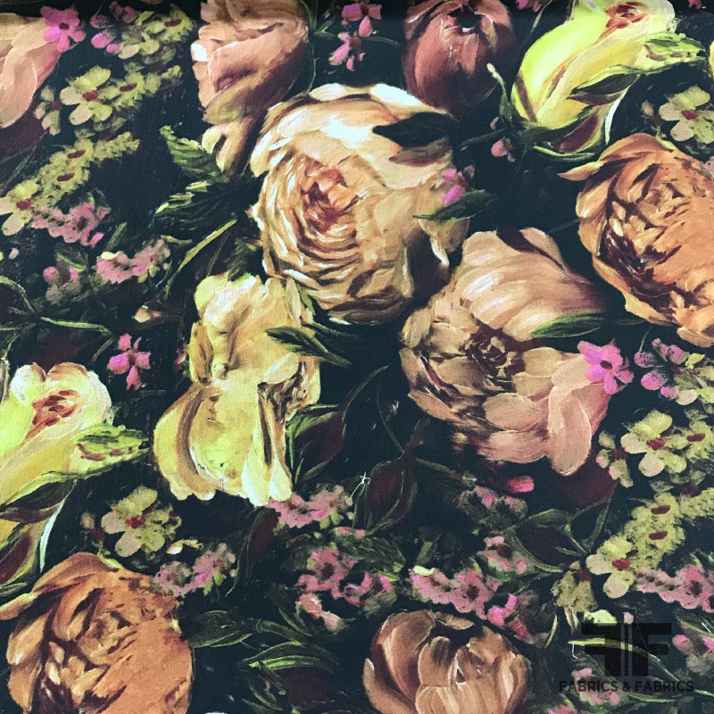 Floral Printed Silk Chiffon – Black/Multicolor Fabric by the Yard
