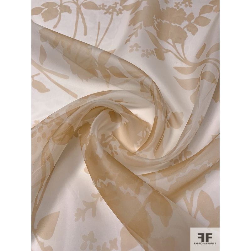 Floral Silhouette Printed Silk Organza – Tan / Light Ivory Fabric by the Yard
