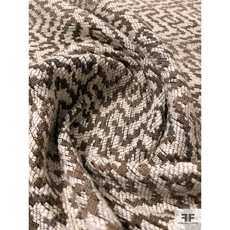 French Wavy Ethnic Cotton Blend Tweed Suiting – Ivory / Tan / Black Fabric by the Yard