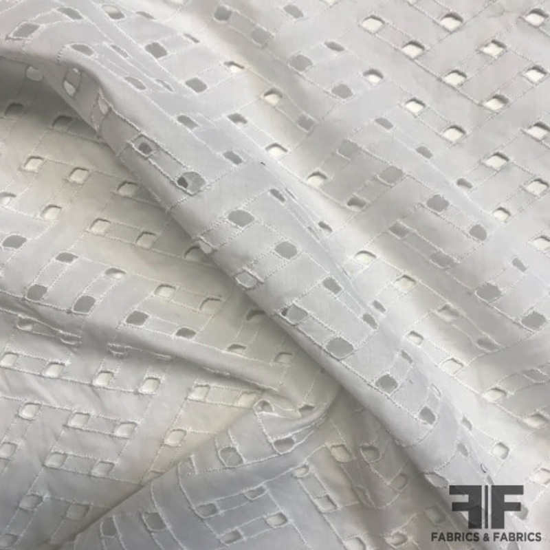 Geometric Embroidered Cotton Eyelet – White Fabric by the Yard