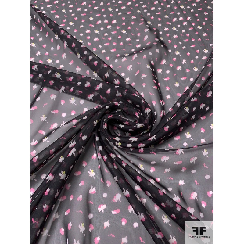 Italian Ditsy Graphic Printed Silk Chiffon – Pink / Off-White / Black / Yellow Fabric by the Yard