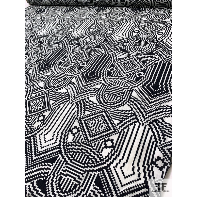 Italian Geo-Pixelated Printed Crinkled Shimmery Cotton Voile – Black / Off-White Fabric by the Yard