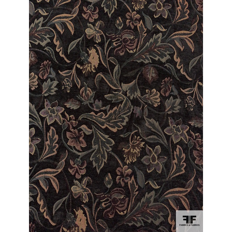 Leaf and Floral Tapestry-Look Brocade – Dark Evergreen /  Eggplant / Beige Fabric by the Yard