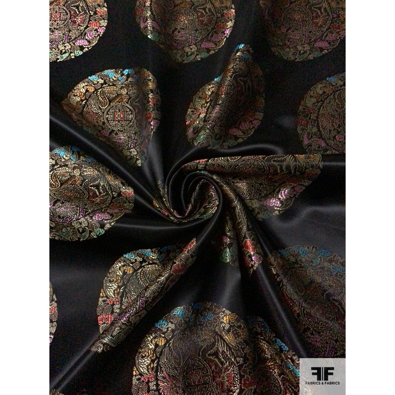Ornate Circular Discs Oriental Satin Jacquard Brocade – Black / Light Gold / Multicolor Fabric by the Yard