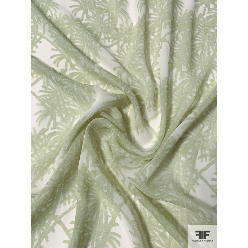 Palm Tree Shrubs Printed Silk Chiffon – Sage / Off-White Fabric by the Yard
