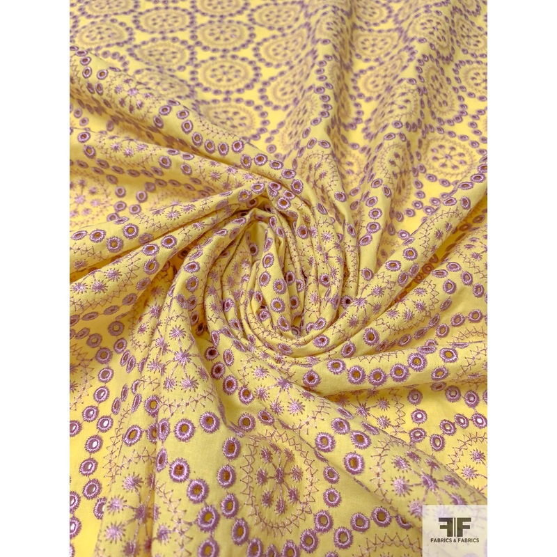 Prabal Gurung Circle Medallion Embroidered Eyelet Cotton Lawn – Yellow / Lavender Fabric by the Yard