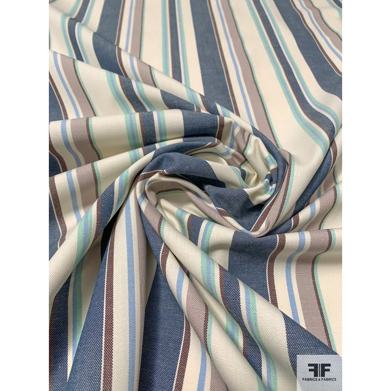 Vertical Multisize Striped Cotton Chambray – Denim Blue / Aqua / Blue / Brown Fabric by the Yard