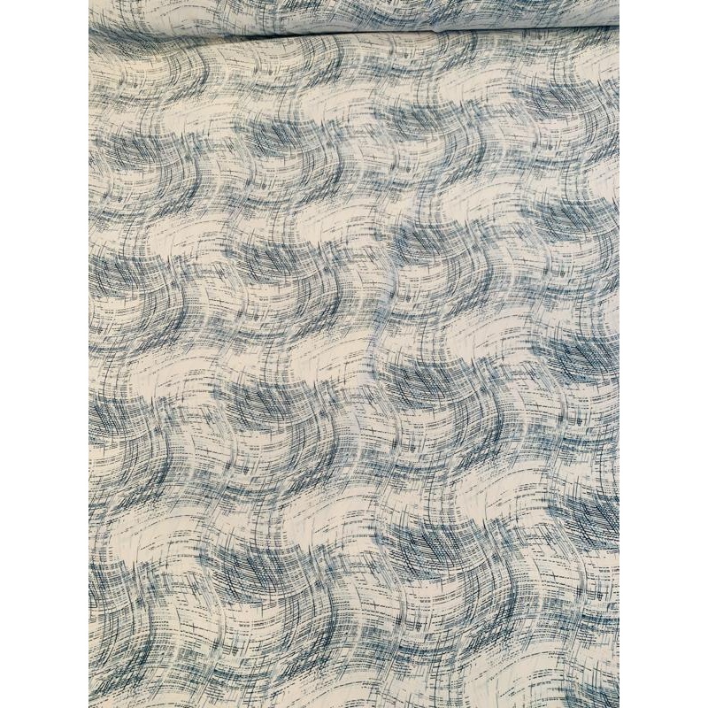 Wavy Sketch Printed Silk Crepe de Chine – Teal / White Fabric by the Yard