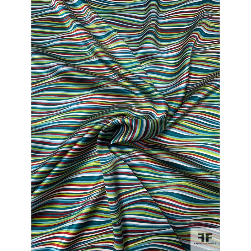 Wavy Striations Printed Silk Charmeuse – Shades of Teal / Green / Red Fabric by the Yard