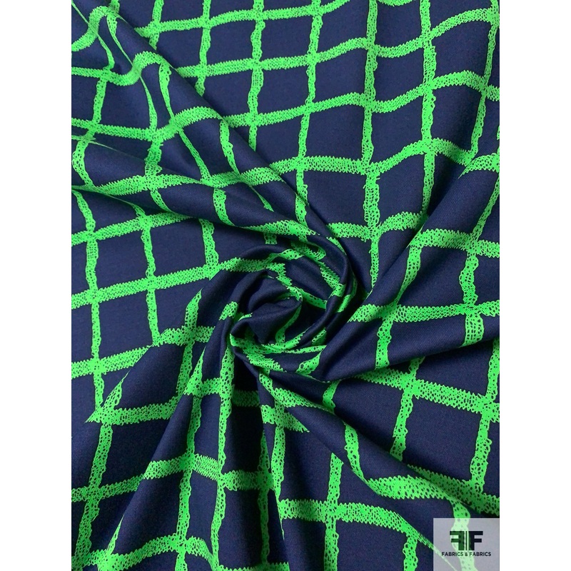 Windowpane Check Super Stretchy Cotton Twill – Navy / Green Fabric by the Yard