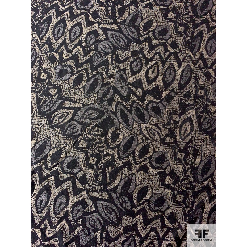 Abstract Leaf Pattern Brocade – Ecru / Grey / Black Fabric by the Yard