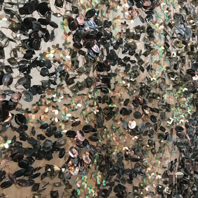 Abstract Shaped Sequins on Silk Chiffon – Brown-Copper/ Iridescent Green Fabric by the Yard