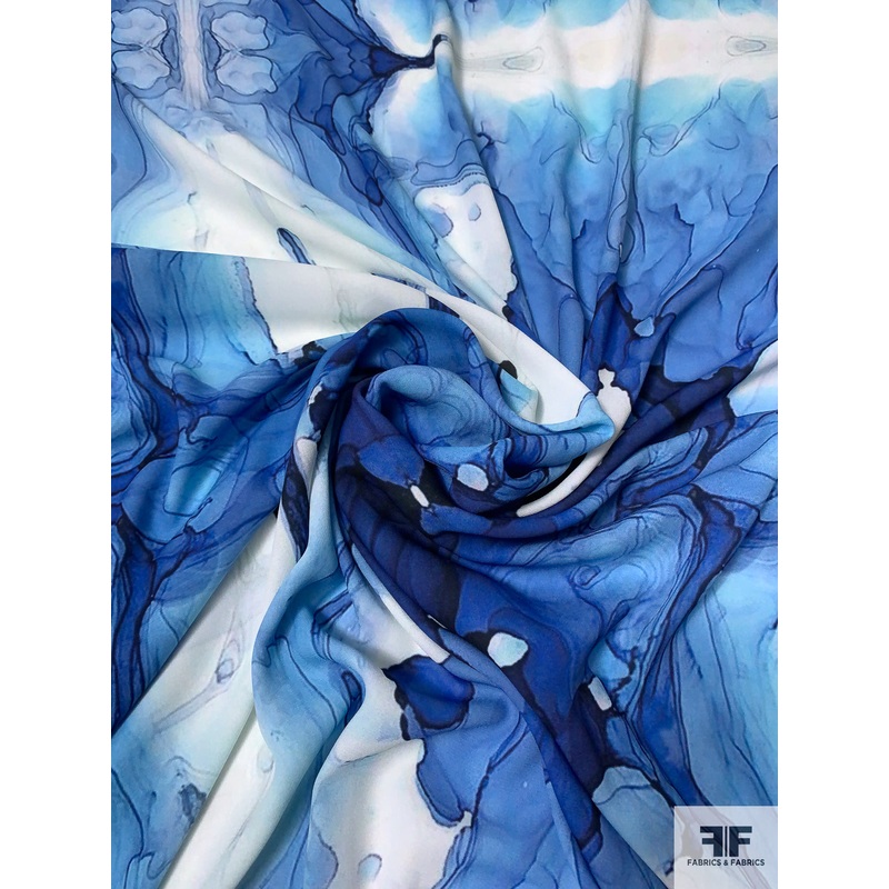 Alcohol Ink Pattern Printed Polyester Georgette – Shades of Blue / Off-White Fabric by the Yard