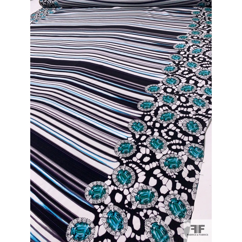 Bejeweled Topaz Double-Border Pattern Printed Silk Crepe de Chine – Aquamarine / Black / Off-White Fabric by the Yard