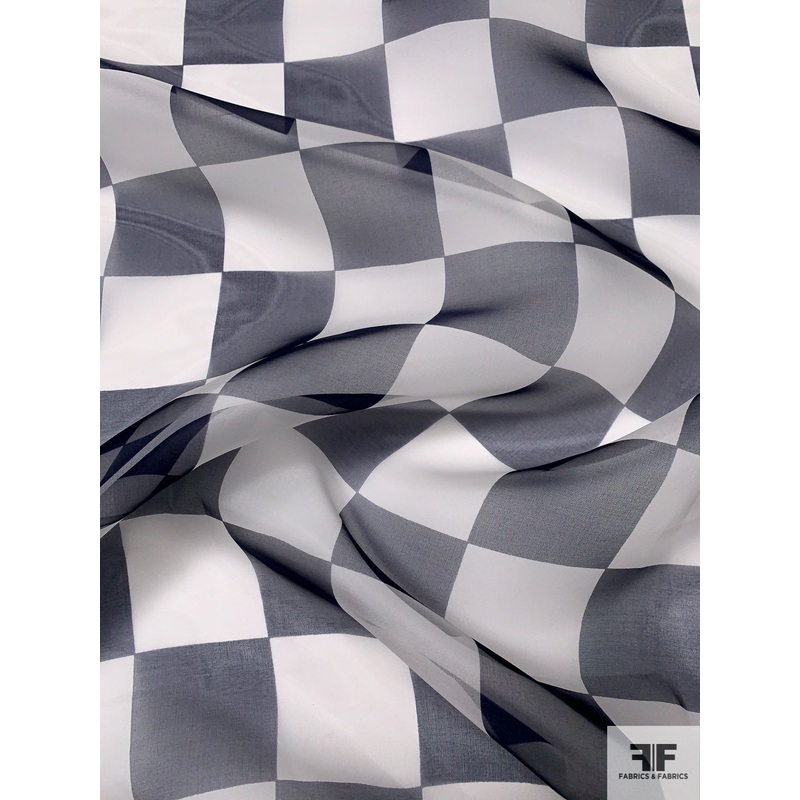 Classic Checkerboard Printed Silk Organza – Black / Off-White Fabric by the Yard