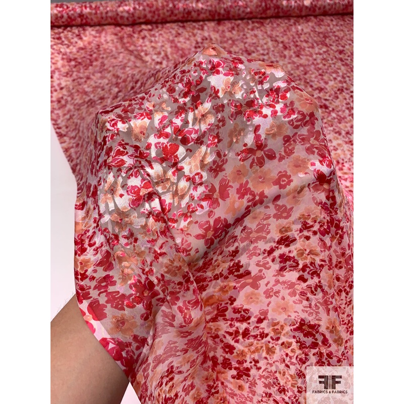 Ditsy Floral Printed Burnout Silk-Rayon Chiffon – Red / Salmon / White Fabric by the Yard