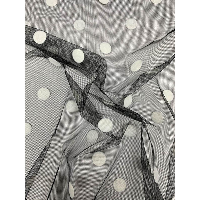 Famous NYC Designer Large Polka Dot Flocked Tulle – Black / White Fabric by the Yard