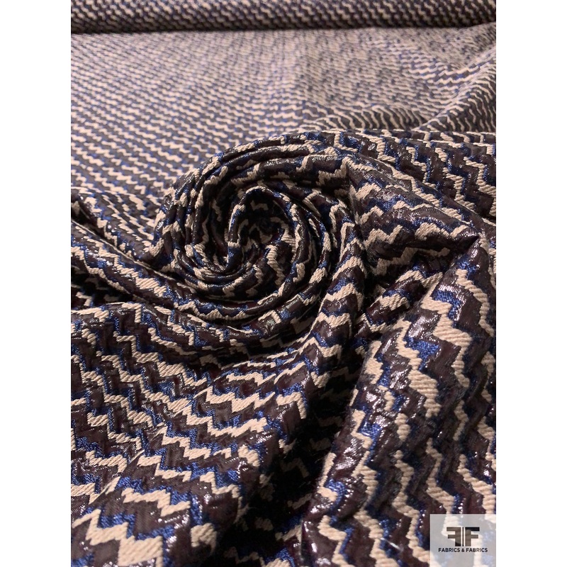 Italian Diagonal Zig Zag Metallic Brocade – Espresso Brown / Blue / Beige Fabric by the Yard