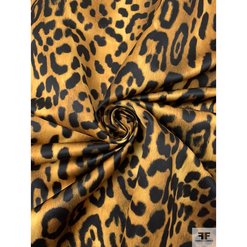 Italian Jaguar Printed Double Face Satin – Dusty Gold / Black Fabric by the Yard