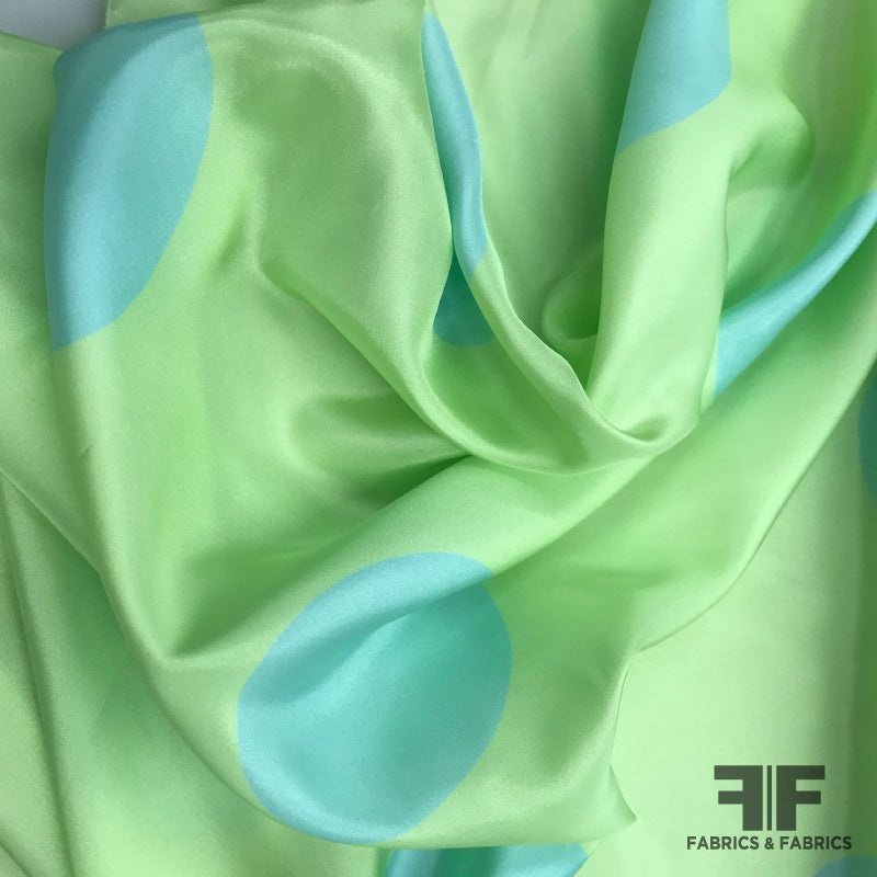 Italian Large Scale Polka Dot Silk Habotai – Green/Blue Fabric by the Yard