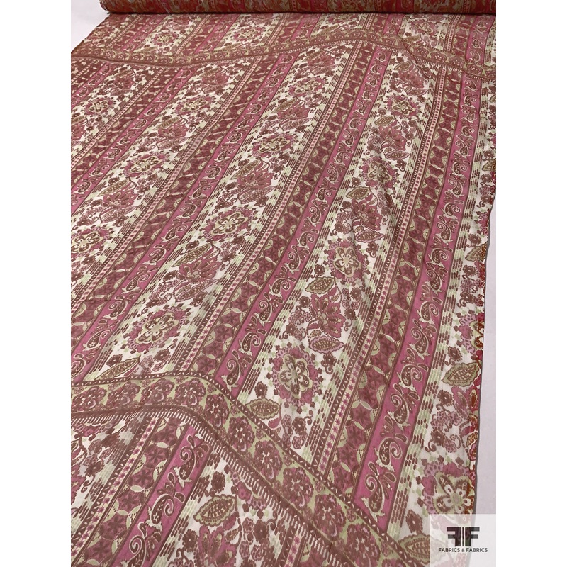 Paisley Floral Printed Silk Chiffon Panel – Brick Red / Hot Pink / Lime / Off-White Fabric by the Panel