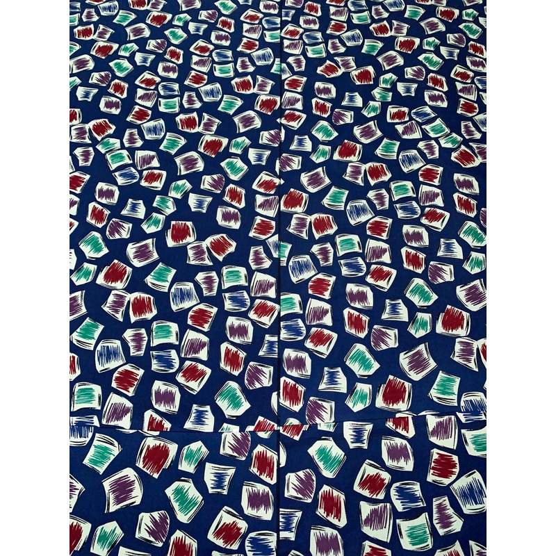 Playful Geometric Printed Vintage Fine Silk Twill Panel – Navy Blue / Purple / Green / Dark Red Fabric by the Panel