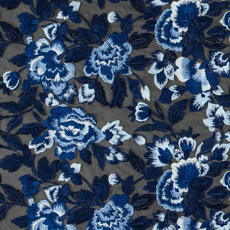 Royal Blue and Sea Foam Novelty Floral Embroidered Mesh