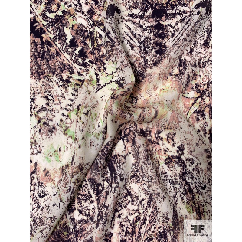 Abstract Printed Silk Georgette – Eggplant / Dusty Pink / Mint Fabric by the Yard