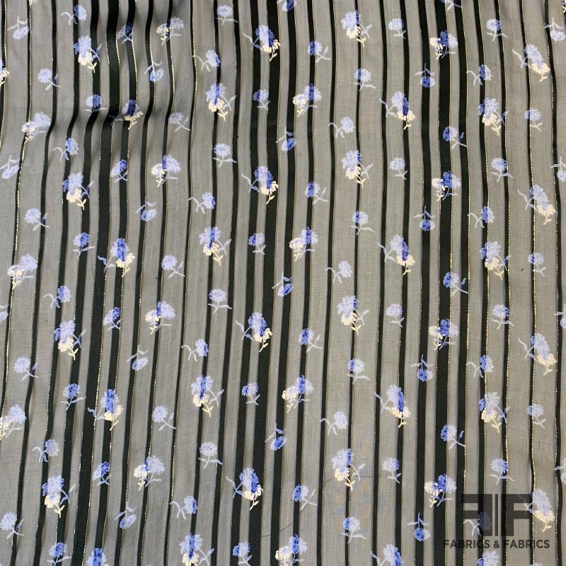 French Metallic Floral and Striped Burnout Silk Chiffon – Black/Blue Fabric by the Yard
