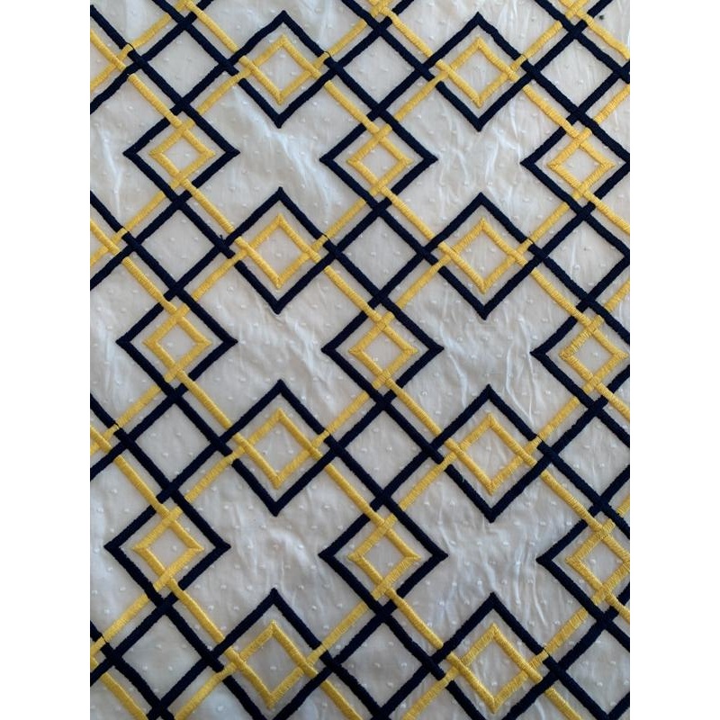 Geometric Embroidered Cotton – White / Navy / Yellow Fabric by the Yard