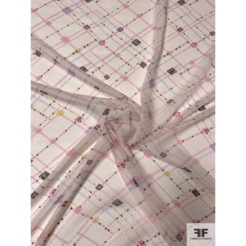 Geometric Grid Printed Silk Chiffon – Pink / Eggplant / Chartreuse / Periwinkle Fabric by the Yard