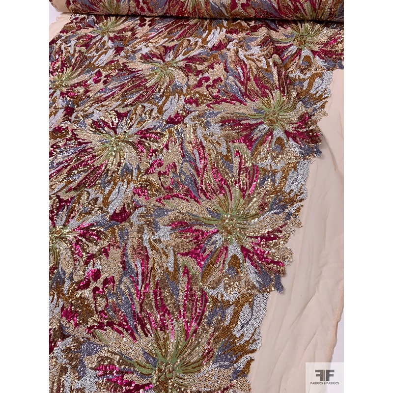 Grand Floral Fully Sequined Tulle – Rose Gold / Magenta / White / Grey Fabric by the Yard