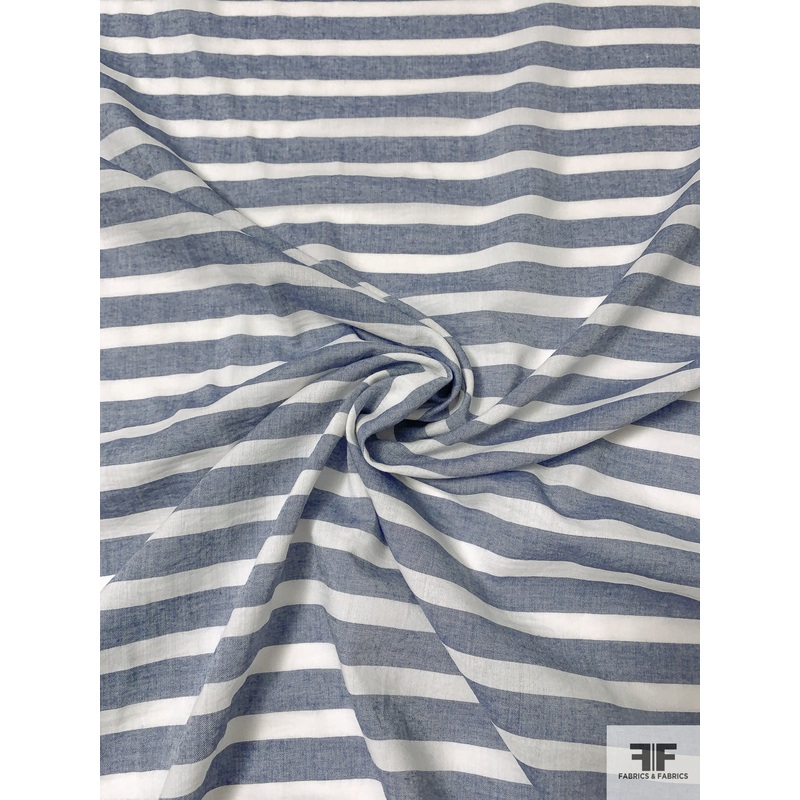 Horizontal Striped Yarn-Dyed Soft Cotton Voile – Denim Blue / Off-White Fabric by the Yard
