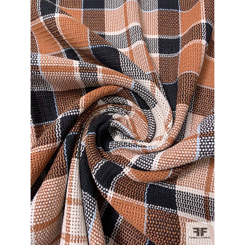 Italian Basketweave Plaid Cotton Suiting – Nude Caramel / Black / Off-White Fabric by the Yard