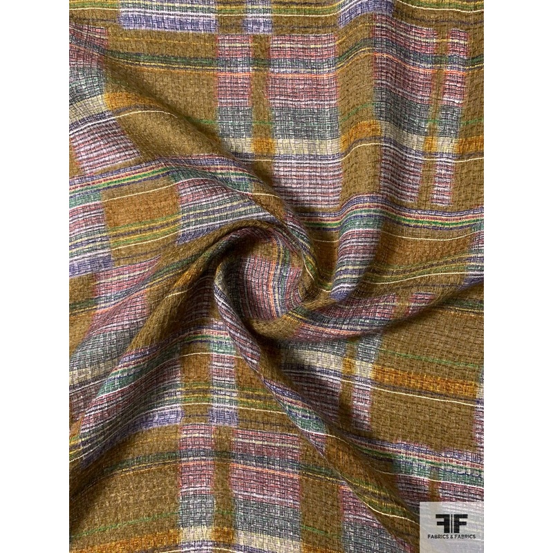 Italian Geo-Plaid Loosely Woven Gauze-Like Printed Novelty Wool – Dusty Ochre / Multicolor Fabric by the Yard
