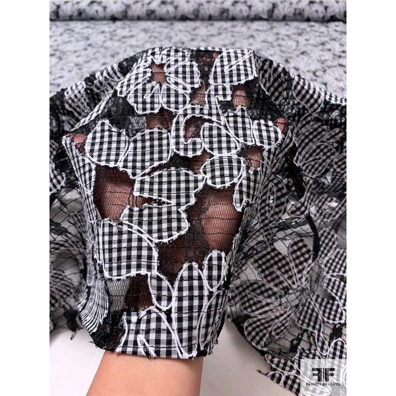 J Mendel Novelty Lace with Cutout Gingham Check Cotton – Black / White Fabric by the Yard