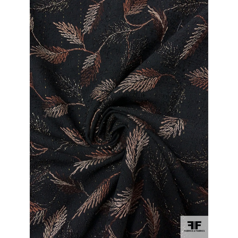 Leaf Embroidered Textured Cotton – Black / Brown / Tan Fabric by the Yard
