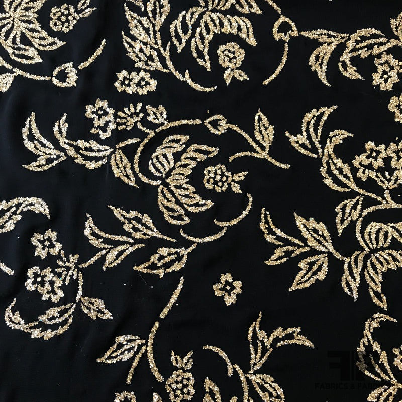 Novelty Floral Cracked Ice Polyester Chiffon – Black/Gold Fabric by the Yard